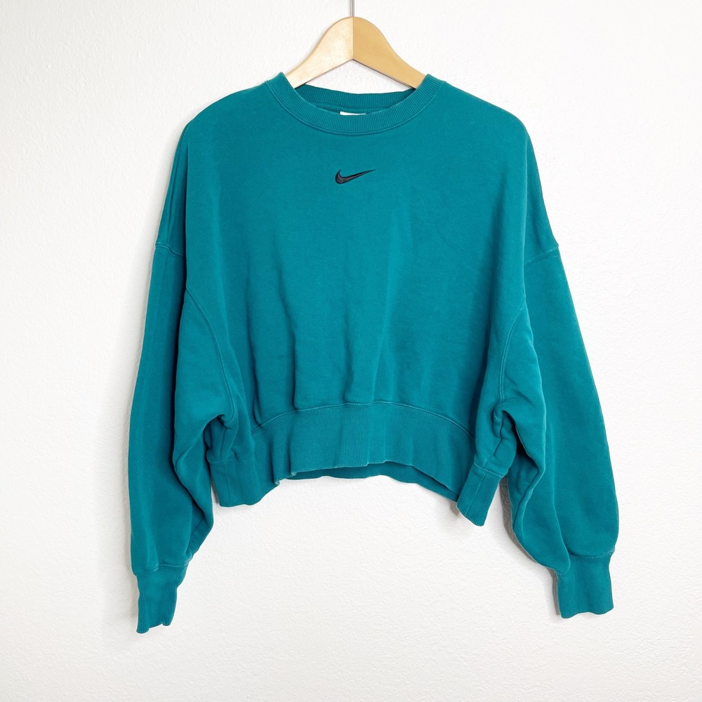 Nike Phoenix Teal Green Cropped Oversized Crewneck Sweatshirt Center Swoosh XS